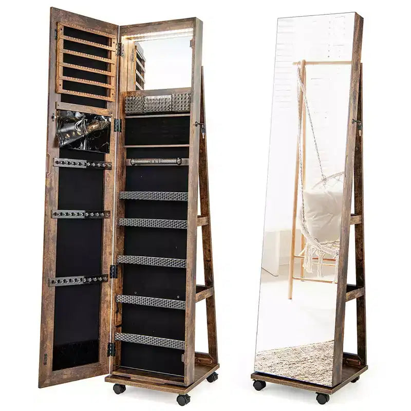 Costway 64 Organizzatore Portagioie con Specchio e Luci LED, Armadietto Portagioie Bloccabile