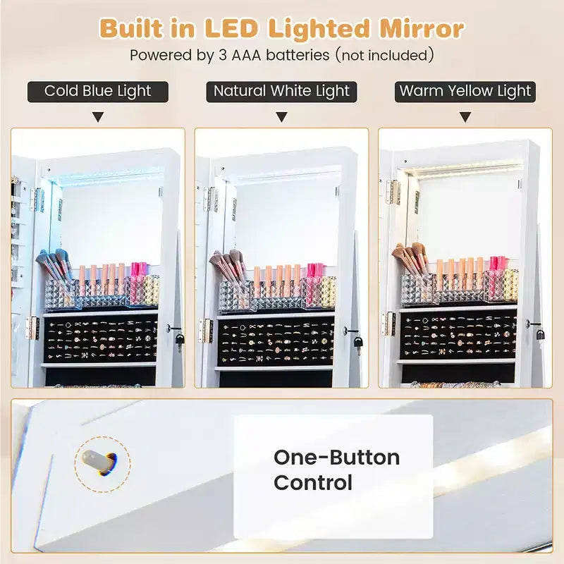 Costway 64 Organizzatore Portagioie con Specchio e Luci LED, Armadietto Portagioie Bloccabile