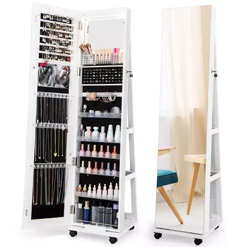 Costway 64 Organizzatore Portagioie con Specchio e Luci LED, Armadietto Portagioie Bloccabile