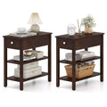 Costway Set of 2 Narrow End Tables w/Drawer Shelves & Rubber Wood Legs Sofa Side Table