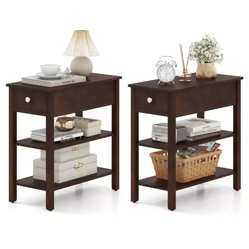 Costway Set of 2 Narrow End Tables w/Drawer Shelves & Rubber Wood Legs Sofa Side Table