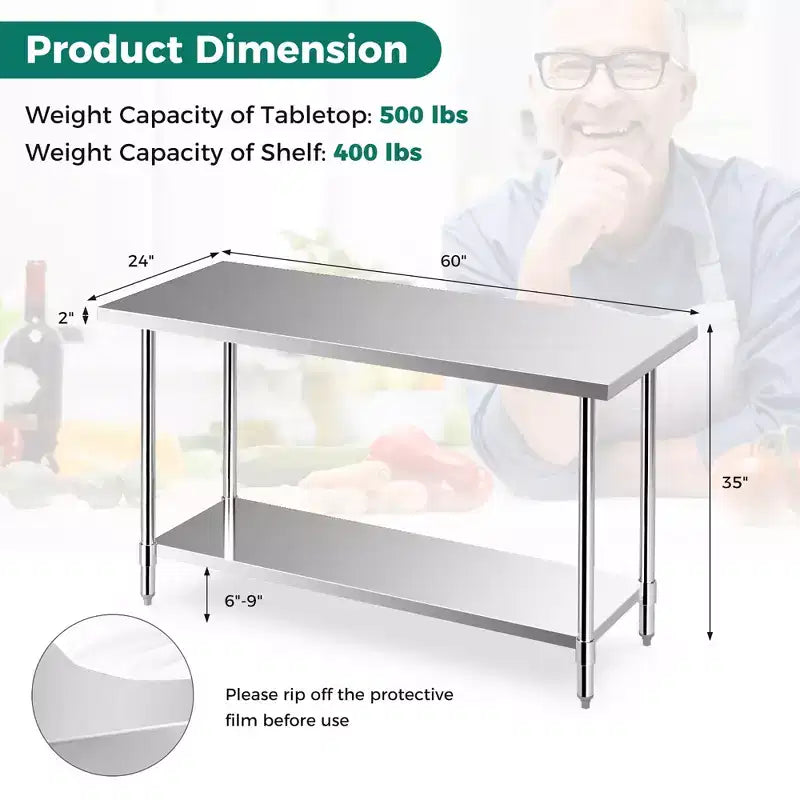 Costway 24 x 60 Tavolo da Lavoro in Acciaio Inossidabile per Cucina con Ruote Argento