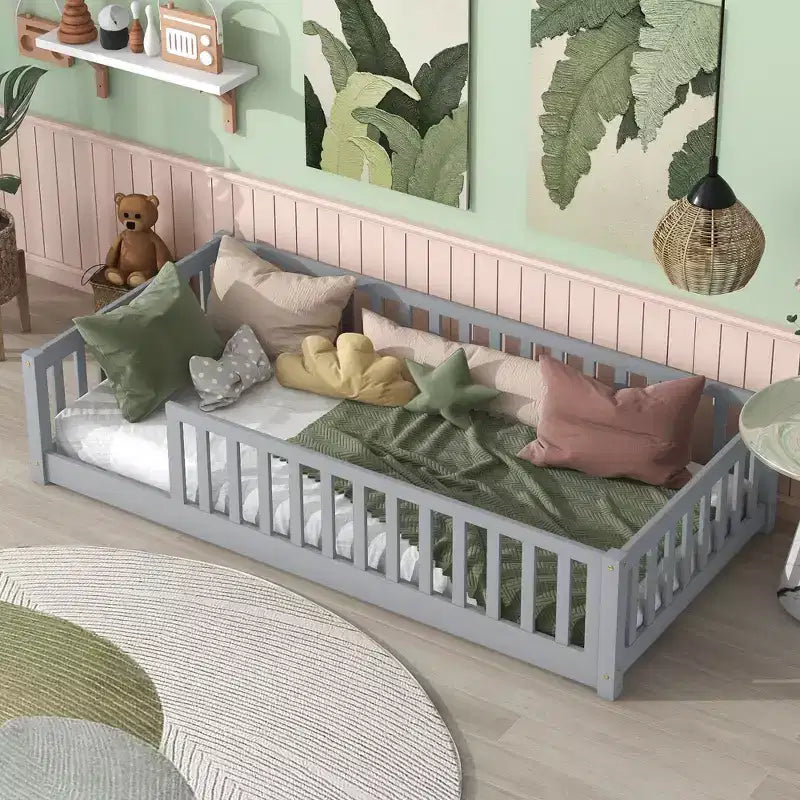 TUYOHW Letto a Pavimento per Bambini Misura Doppia, Moderno Letto Montessori in Legno con Sponde di Sicurezza Rialzate per Camera da Letto