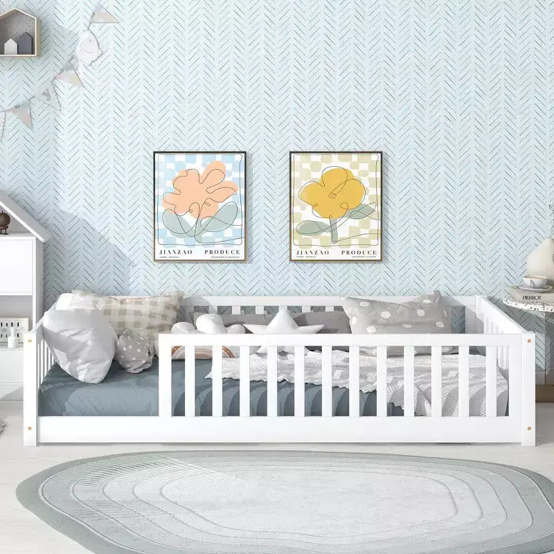 TUYOHW Letto a Pavimento per Bambini Misura Doppia, Moderno Letto Montessori in Legno con Sponde di Sicurezza Rialzate per Camera da Letto