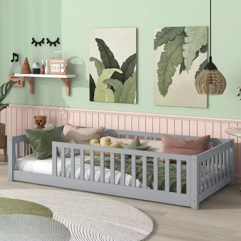 TUYOHW Twin Size Toddler Floor Bed for Kids,Modern Wood Montessori Bed with Heightened Safety Guardrails for Bedroom