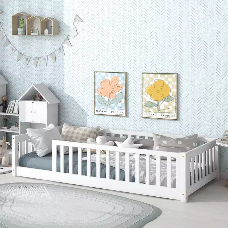 TUYOHW Letto a Pavimento per Bambini Misura Doppia, Moderno Letto Montessori in Legno con Sponde di Sicurezza Rialzate per Camera da Letto