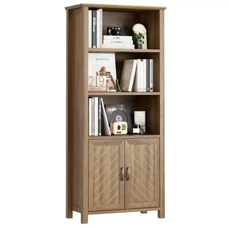 Walnut V-Groove 2-Door 3-Tier Bookshelf for Study