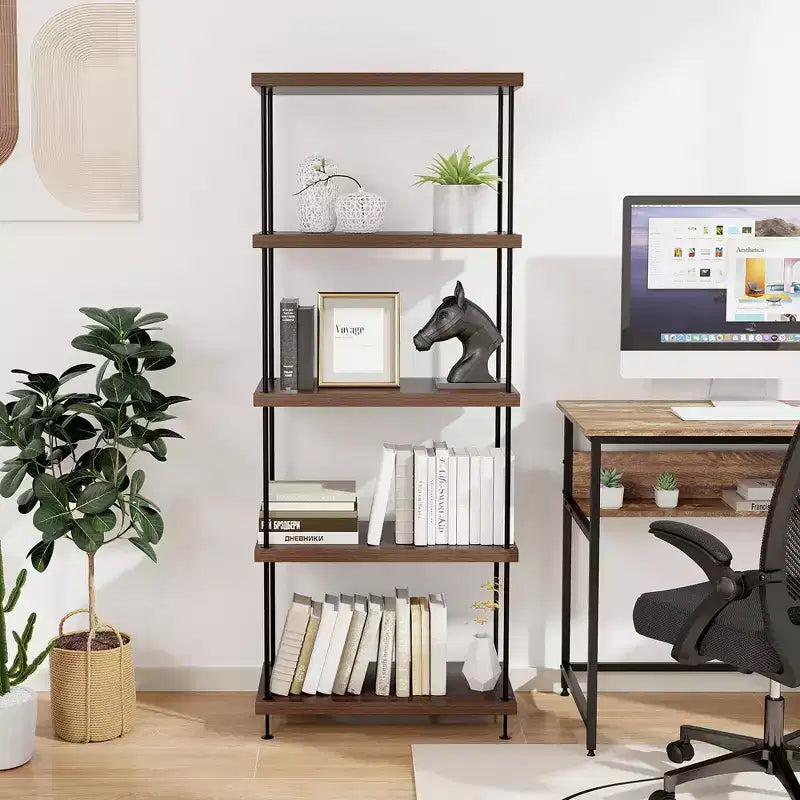 Costway Scaffale Espositore Multiuso a 5 Ripiani con Struttura in Metallo Noce, Set da 2 Pezzi