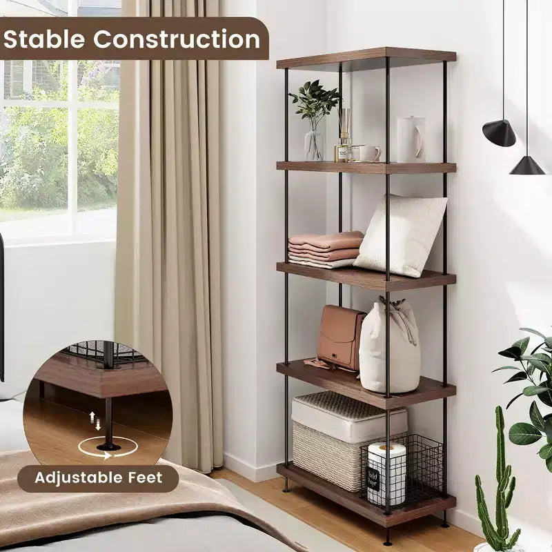 Costway Scaffale Espositore Multiuso a 5 Ripiani con Struttura in Metallo Noce, Set da 2 Pezzi