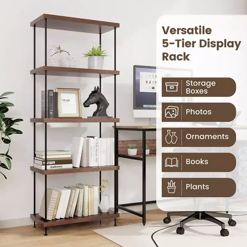 Costway Scaffale Espositore Multiuso a 5 Ripiani con Struttura in Metallo Noce, Set da 2 Pezzi