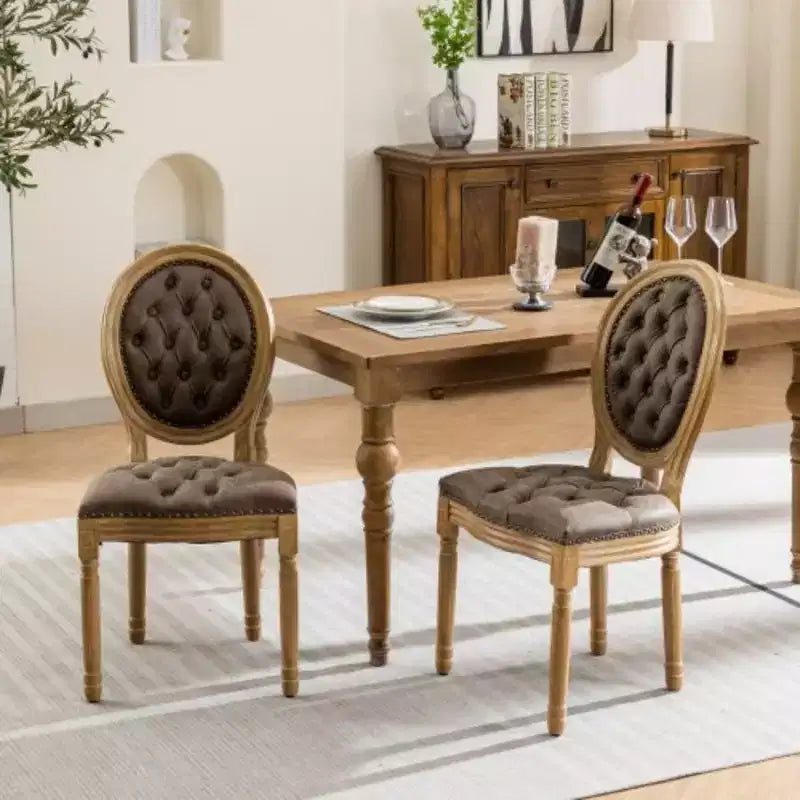 French Dining Chairs Set of 2, Dining Chair with Round Back, Wood Leg Farmhouse Country PU Leather Dining Chair