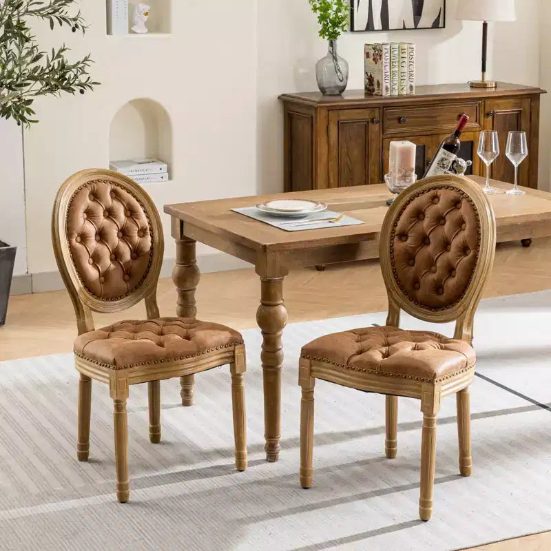 Sedie da pranzo francesi set da 2, sedia da pranzo con schienale rotondo, sedia da pranzo in PU pelle country stile rustico con gambe in legno