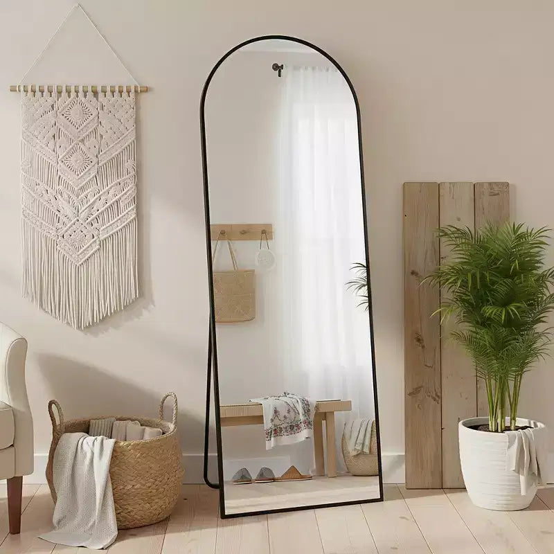 MAYEERTY 56 pollici Specchio intero ad arco con cornice in lega di alluminio da terra con supporto per soggiorno, oro