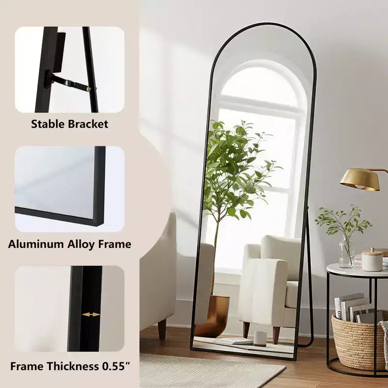 MAYEERTY 56 pollici Specchio intero ad arco con cornice in lega di alluminio da terra con supporto per soggiorno, oro