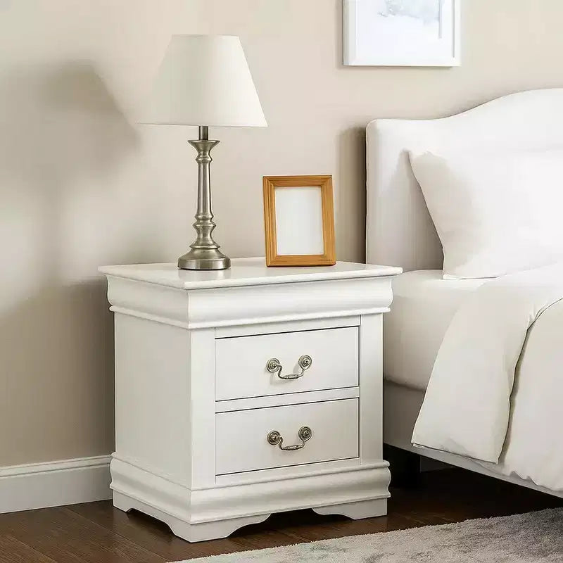 Royal Hampton 2 Drawer Wooden Nightstand with Metal Hanging Pulls and Bracket Feet, White