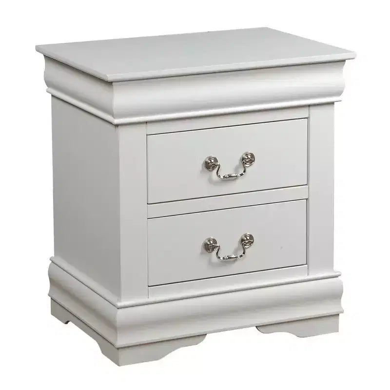 Comodino in legno Royal Hampton a 2 cassetti con maniglie a sospensione in metallo e piedini a staffa, bianco