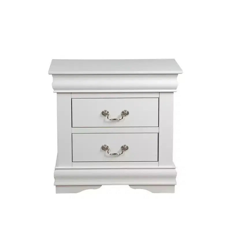Comodino in legno Royal Hampton a 2 cassetti con maniglie a sospensione in metallo e piedini a staffa, bianco
