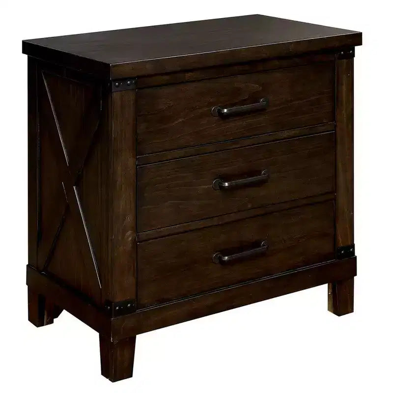 Royal Hampton 3 Drawer Nightstand with Metal Handle And Crossed Planked Side Panels, Brown