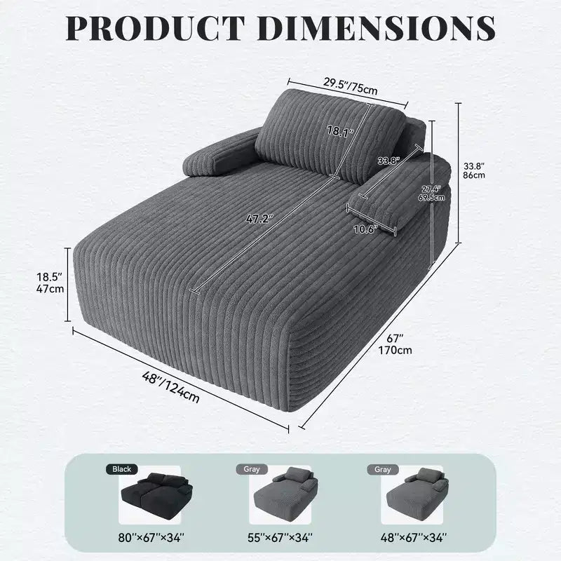 Poltrona Chaise longue Balconera da 122 cm per interni, imbottita in velluto a coste, divano letto senza ossatura, nessun montaggio richiesto, grigia