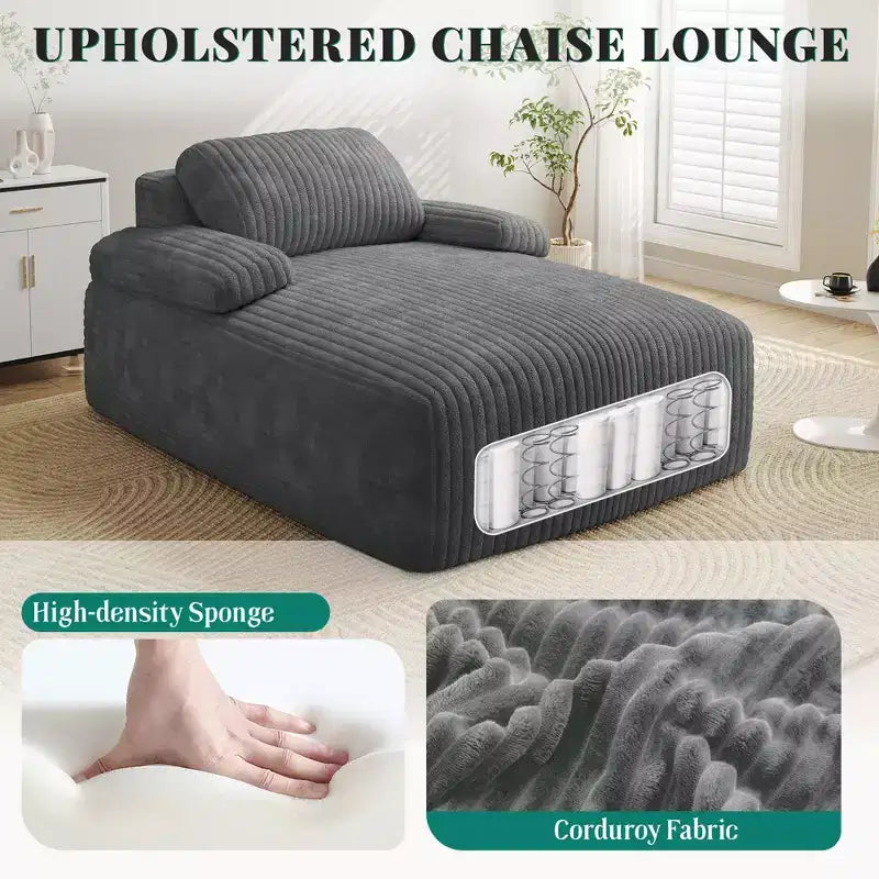 Poltrona Chaise longue Balconera da 122 cm per interni, imbottita in velluto a coste, divano letto senza ossatura, nessun montaggio richiesto, grigia
