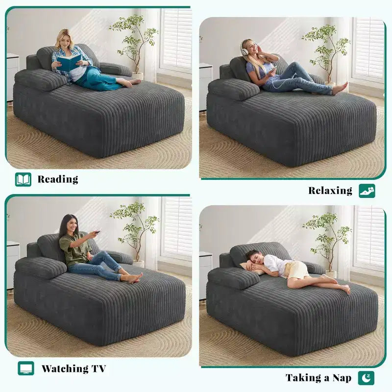 Poltrona Chaise longue Balconera da 122 cm per interni, imbottita in velluto a coste, divano letto senza ossatura, nessun montaggio richiesto, grigia
