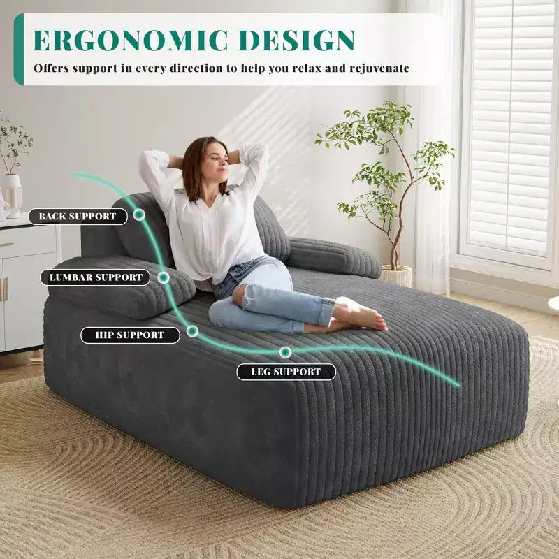 Poltrona Chaise longue Balconera da 122 cm per interni, imbottita in velluto a coste, divano letto senza ossatura, nessun montaggio richiesto, grigia