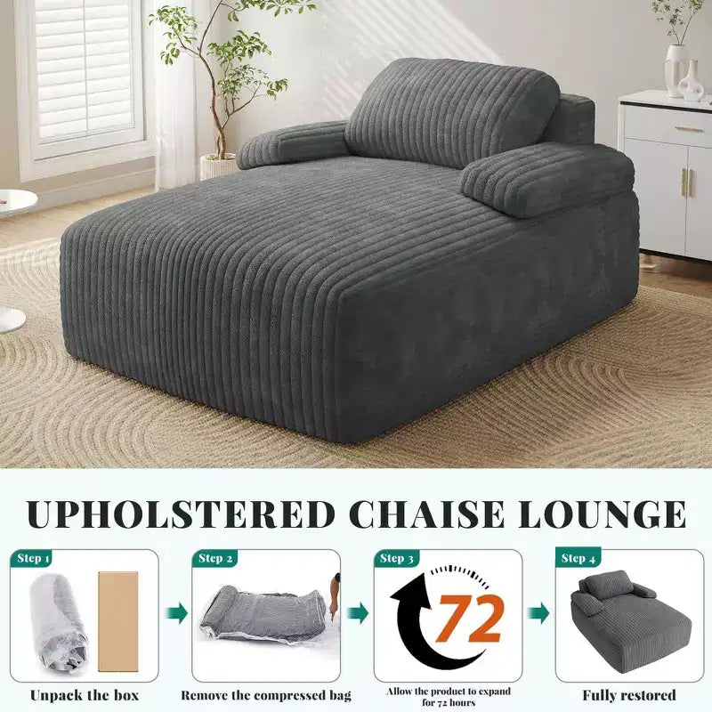 Poltrona Chaise longue Balconera da 122 cm per interni, imbottita in velluto a coste, divano letto senza ossatura, nessun montaggio richiesto, grigia