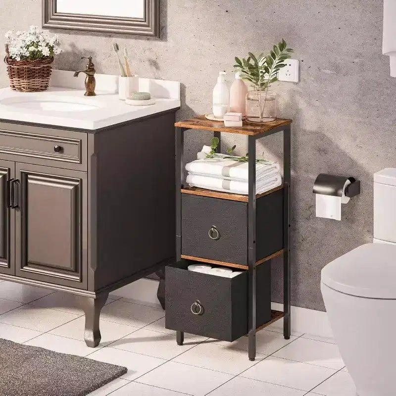 Mobile Angolare, Scaffale a 4 Ripiani con 2 Cassetti, Mobile Contenitore Stretto, Marrone Rustico e Nero, Mobiletto per Bagno e Soggiorno