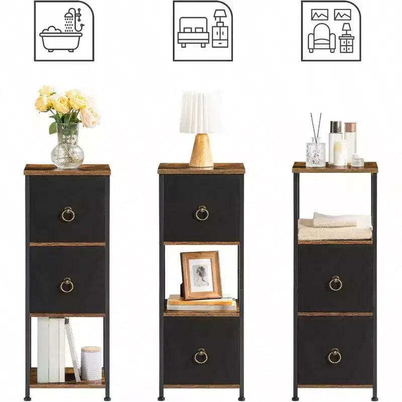 Mobile Angolare, Scaffale a 4 Ripiani con 2 Cassetti, Mobile Contenitore Stretto, Marrone Rustico e Nero, Mobiletto per Bagno e Soggiorno