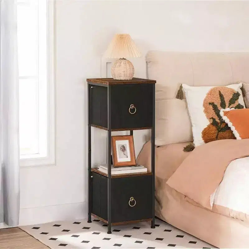 Mobile Angolare, Scaffale a 4 Ripiani con 2 Cassetti, Mobile Contenitore Stretto, Marrone Rustico e Nero, Mobiletto per Bagno e Soggiorno