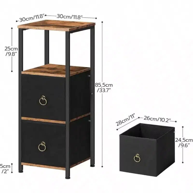 Mobile Angolare, Scaffale a 4 Ripiani con 2 Cassetti, Mobile Contenitore Stretto, Marrone Rustico e Nero, Mobiletto per Bagno e Soggiorno