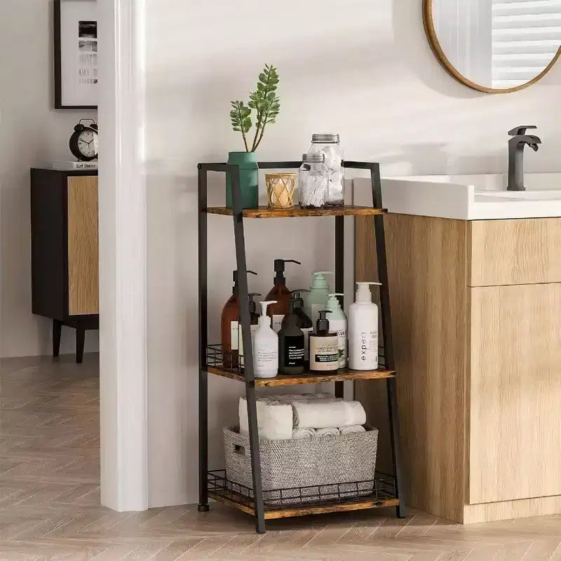 Mensola da bagno a 3 ripiani con ringhiera, organizer retrò in legno e metallo per bagni, lavanderie, soggiorno