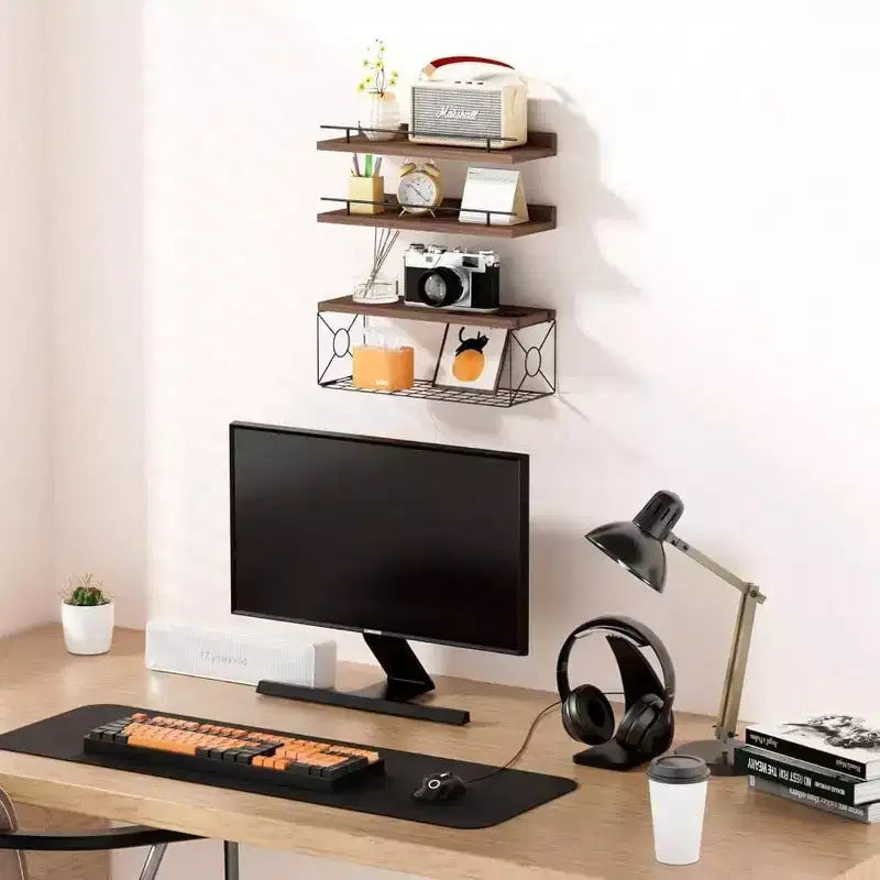 Mensole galleggianti da parete set da 3 con portarotolo in metallo marrone per bagno, camera da letto, soggiorno, cucina, ufficio, decorazione da parete, decorazione scaffale