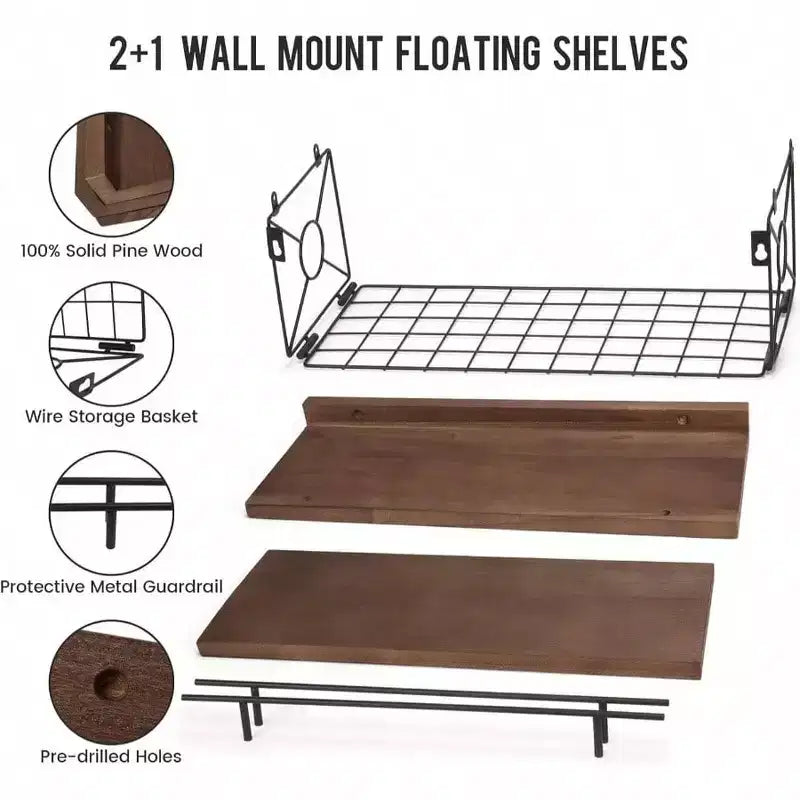 Mensole galleggianti da parete set da 3 con portarotolo in metallo marrone per bagno, camera da letto, soggiorno, cucina, ufficio, decorazione da parete, decorazione scaffale