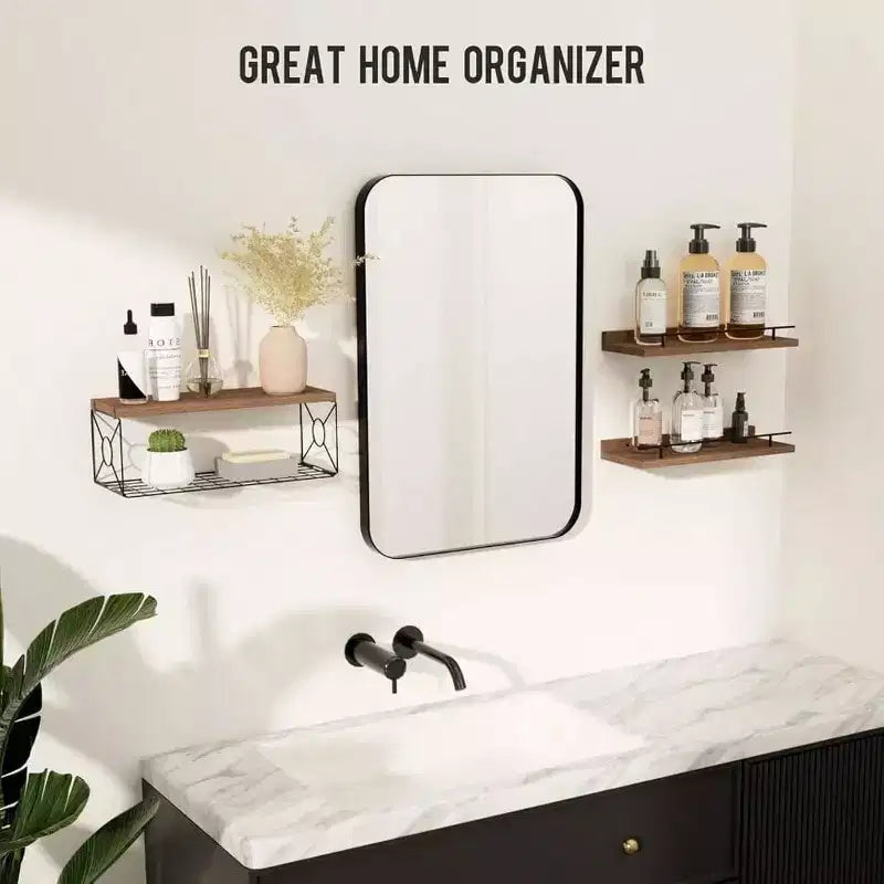 Mensole galleggianti da parete set da 3 con portarotolo in metallo marrone per bagno, camera da letto, soggiorno, cucina, ufficio, decorazione da parete, decorazione scaffale