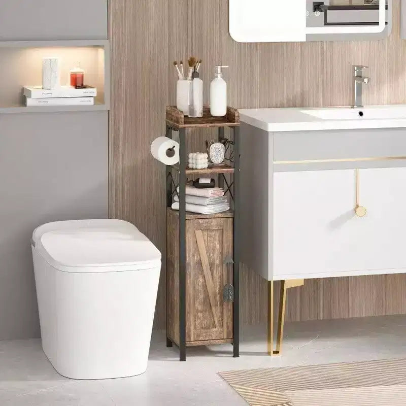 Portarotolo di carta igienica sottile, mobiletto piccolo con anta, 2 ripiani, parte superiore recintata, organizer stretto per il bagno, marrone rustico