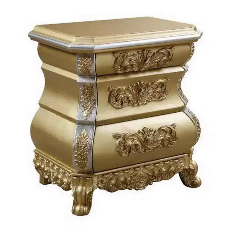 Royal Hampton Nightstand with Bombe Shaped and 3 Carved Drawers, Gold