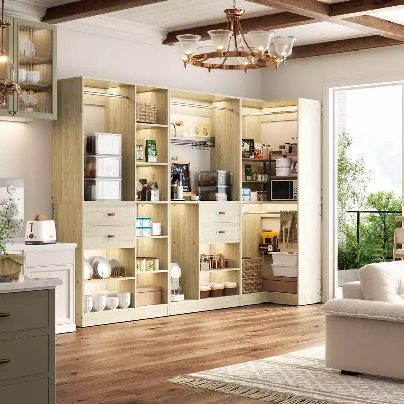 Besiost 110-In Corner Closet System Set with Wood Drawers, Freestanding Closet Organizer with Hanging Rods