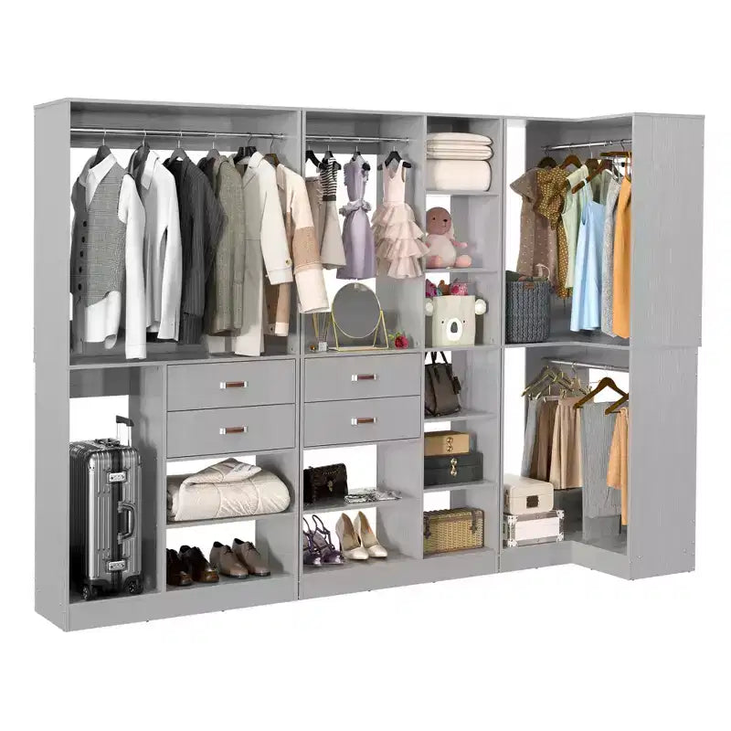 Set di armadi ad angolo Besiost 110-In con cassetti in legno, organizer per armadio autoportante con aste appendiabiti
