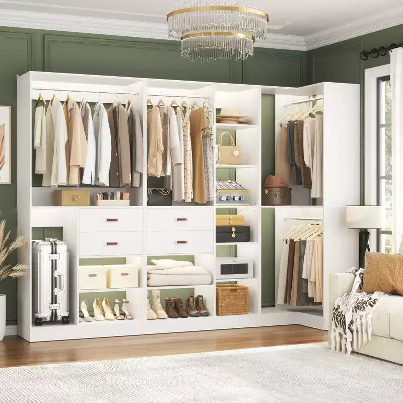 Set di armadi ad angolo Besiost 110-In con cassetti in legno, organizer per armadio autoportante con aste appendiabiti