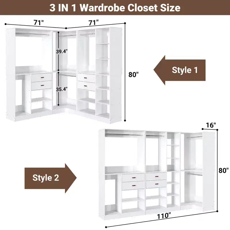 Set di armadi ad angolo Besiost 110-In con cassetti in legno, organizer per armadio autoportante con aste appendiabiti