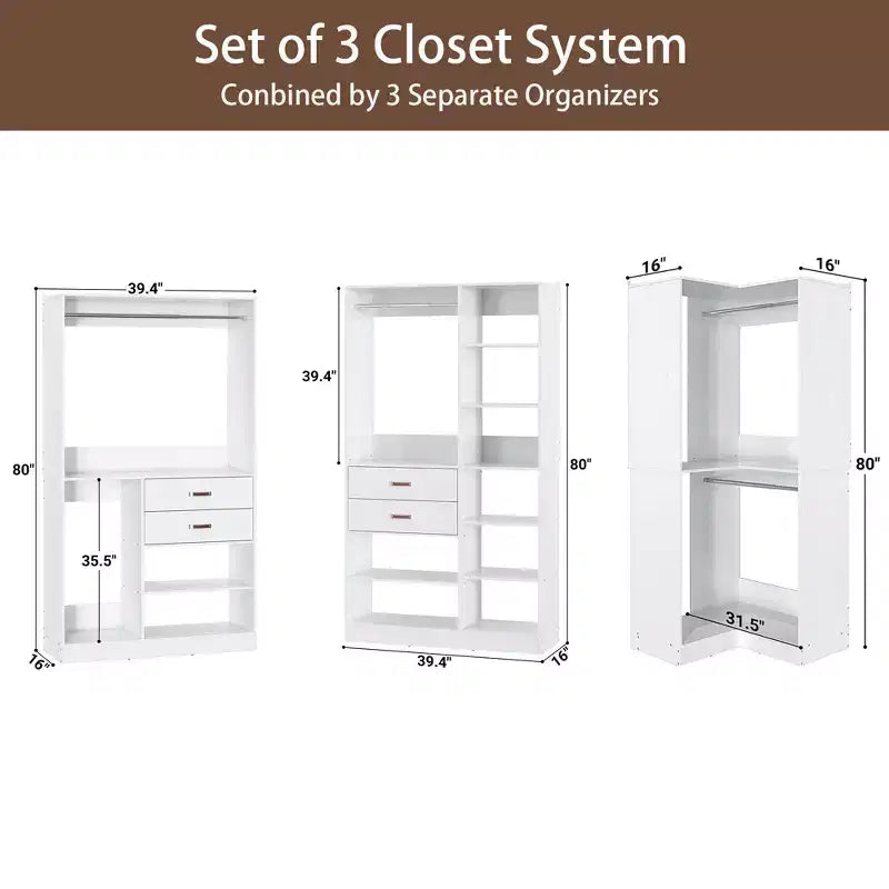 Set di armadi ad angolo Besiost 110-In con cassetti in legno, organizer per armadio autoportante con aste appendiabiti