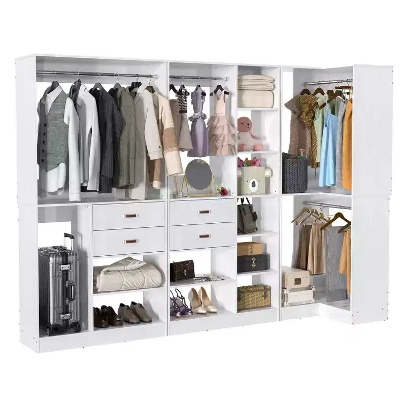 Set di armadi ad angolo Besiost 110-In con cassetti in legno, organizer per armadio autoportante con aste appendiabiti