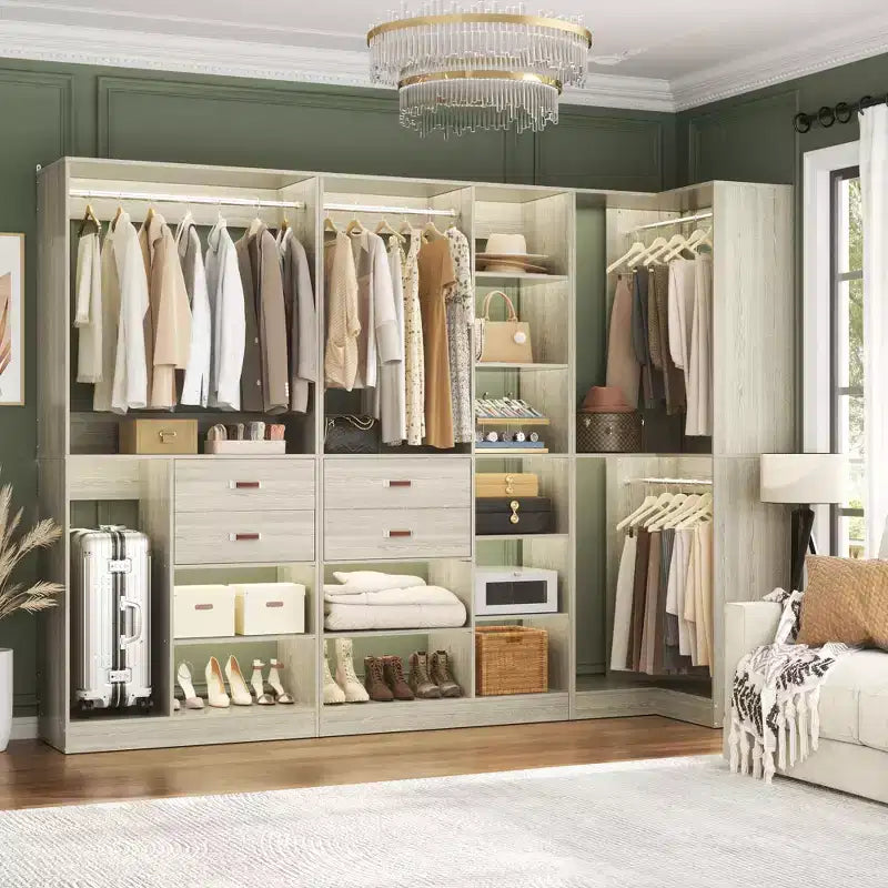 Set di armadi ad angolo Besiost 110-In con cassetti in legno, organizer per armadio autoportante con aste appendiabiti