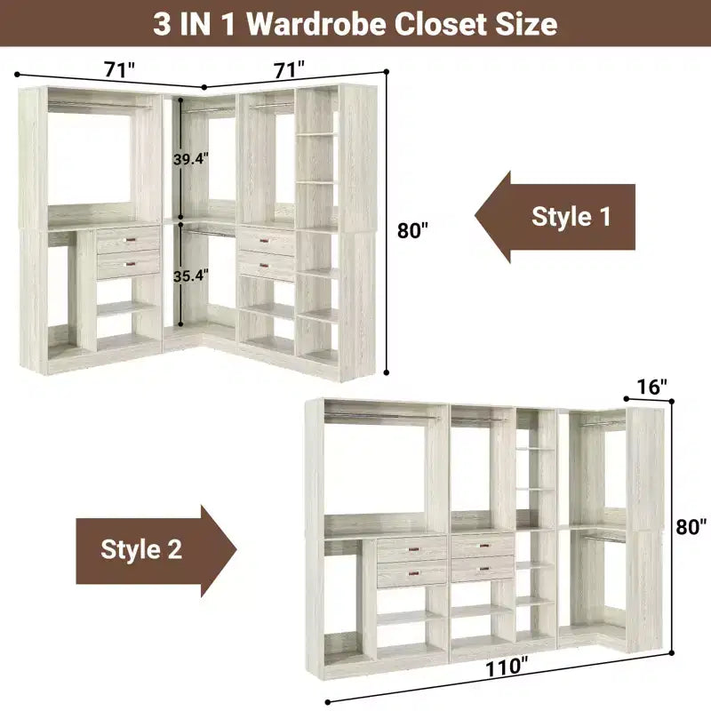 Set di armadi ad angolo Besiost 110-In con cassetti in legno, organizer per armadio autoportante con aste appendiabiti