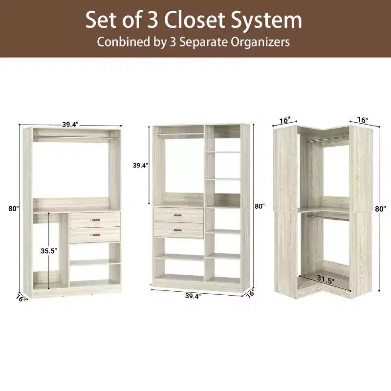 Set di armadi ad angolo Besiost 110-In con cassetti in legno, organizer per armadio autoportante con aste appendiabiti