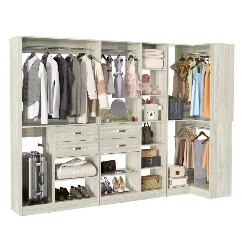 Set di armadi ad angolo Besiost 110-In con cassetti in legno, organizer per armadio autoportante con aste appendiabiti