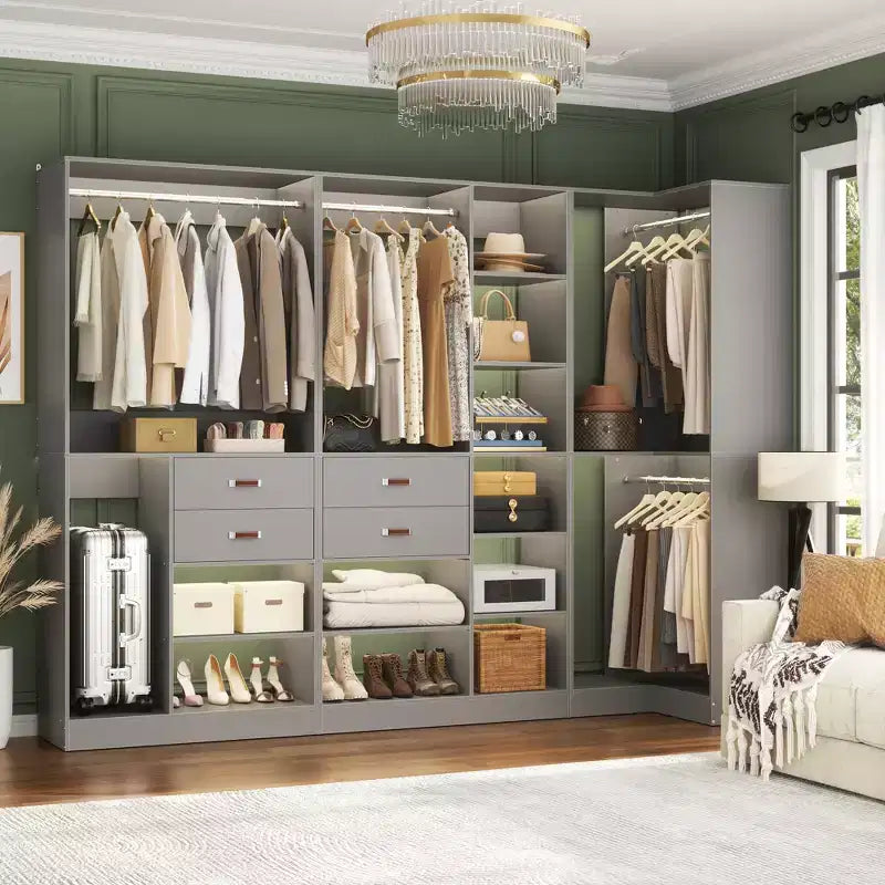 Set di armadi ad angolo Besiost 110-In con cassetti in legno, organizer per armadio autoportante con aste appendiabiti