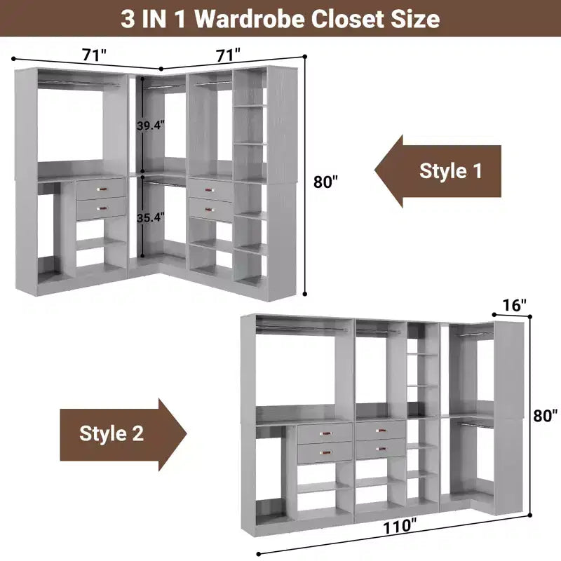 Set di armadi ad angolo Besiost 110-In con cassetti in legno, organizer per armadio autoportante con aste appendiabiti