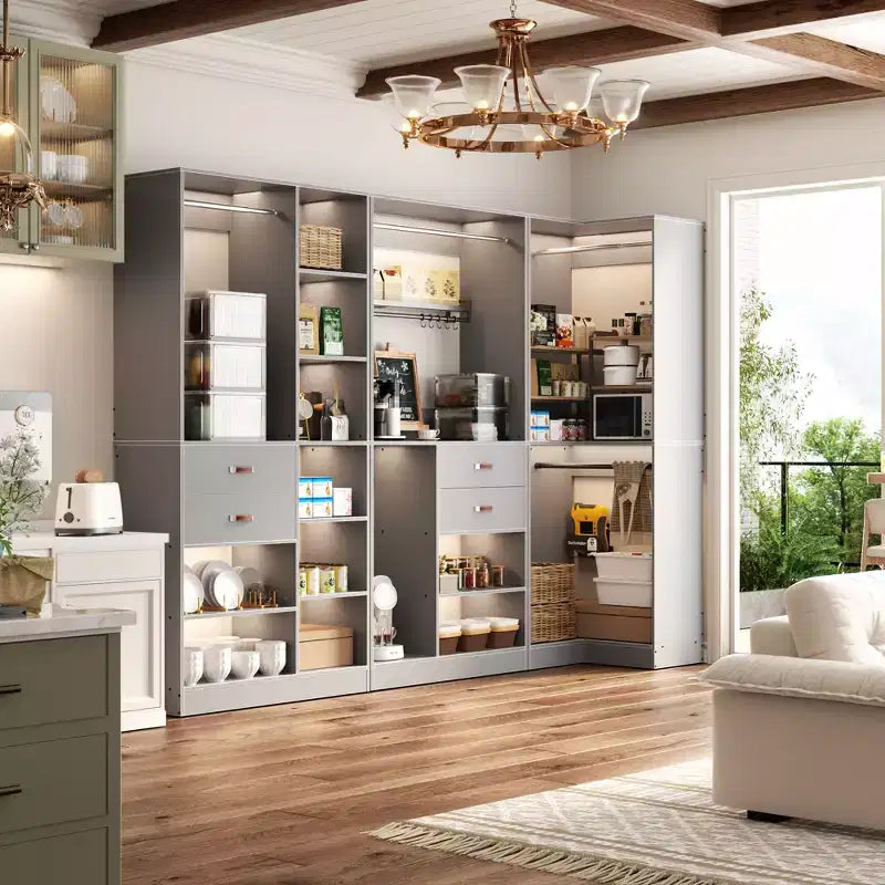 Set di armadi ad angolo Besiost 110-In con cassetti in legno, organizer per armadio autoportante con aste appendiabiti